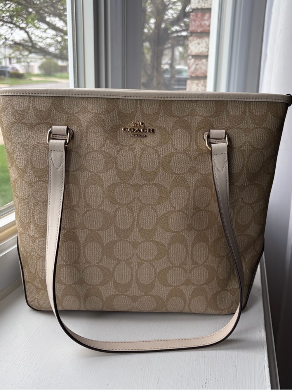 Coach Beige Signature Canvas Tote with Chalk Trim